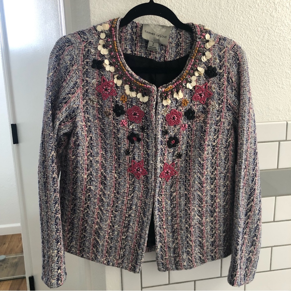 Anthropologie Summer of Love Suzy Embellished Tweed Jacket blazer Size SP